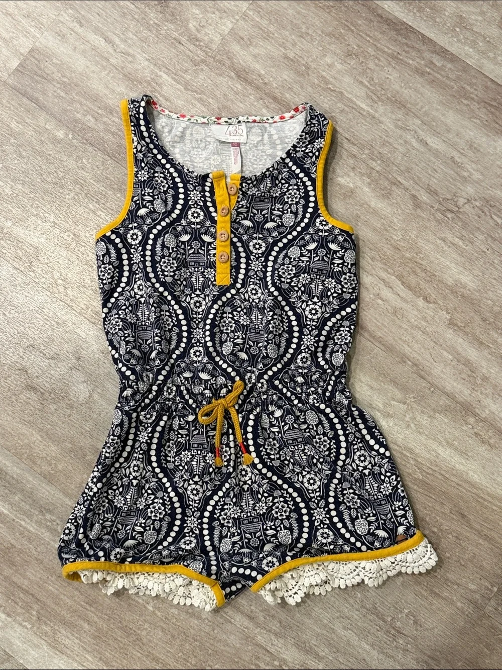 Matilda Jane 435 Romper Navy Printed Sleeveless with Mustard Trim - sz 10
